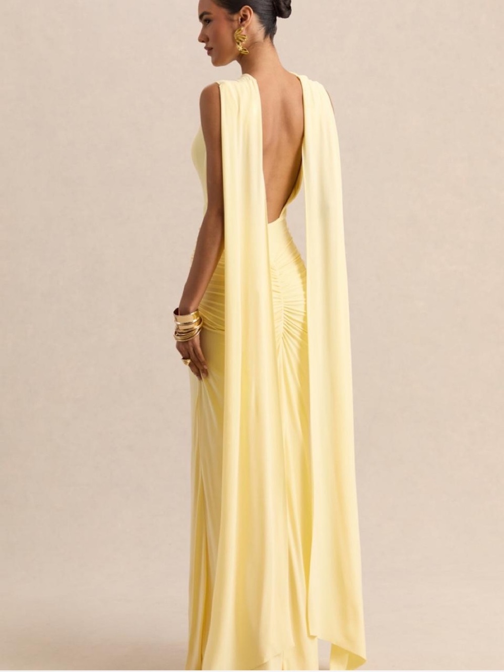 Club L London Pale Yellow Backless Draped Evening Gown